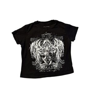 Hot‎ Topic Gothic Cross Wing Skull Rhinestone Tee Small Black Emo Alt Rock Y2K